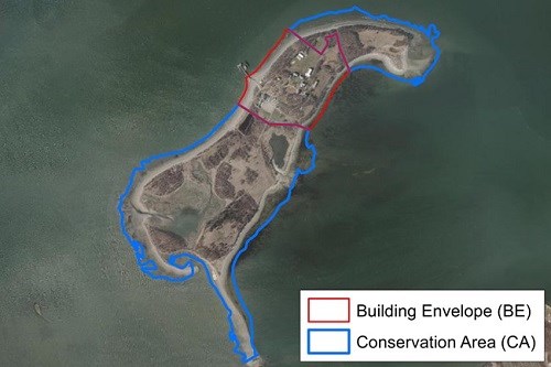 Aerial photograph of Thompson Island. North and South sections outlined in Blue--key denotes these as conservation restriction areas. Central area outlined in red. Key denotes this as building envelope.