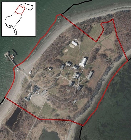 Aerial photograph of Thompson Island. Zoomed in to building area, outlined by red line. Drawing in upper left hand corner shows outline box relative to entire island.