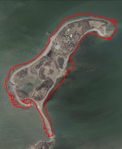 Thompson Island with the island surrounded by a red border