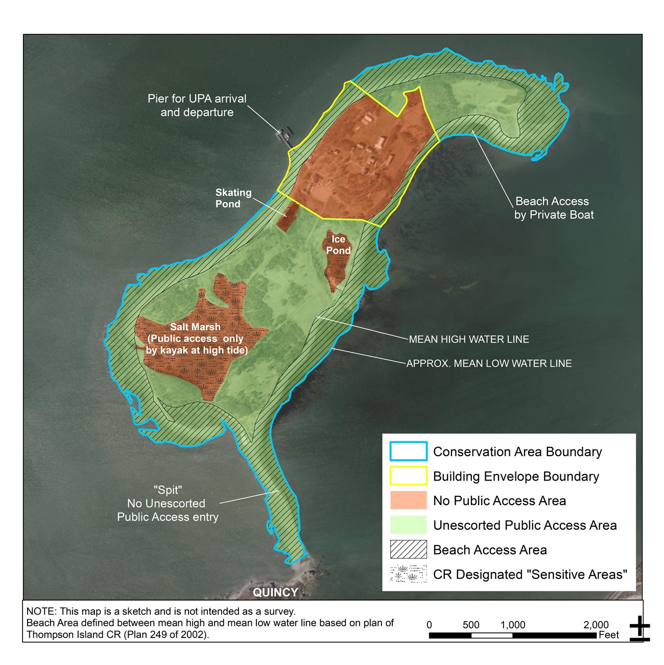 Aerial photograph of Thompson Island. Various colors used to denote boundaries of conservation, building envelope, no public access, unescorted public access, and beach access areas.