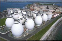 Egg-shaped sewerage digesters on Deer Island