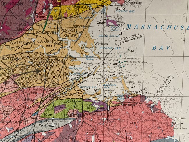 map of Boston Harbor indicating different layers of bedrock