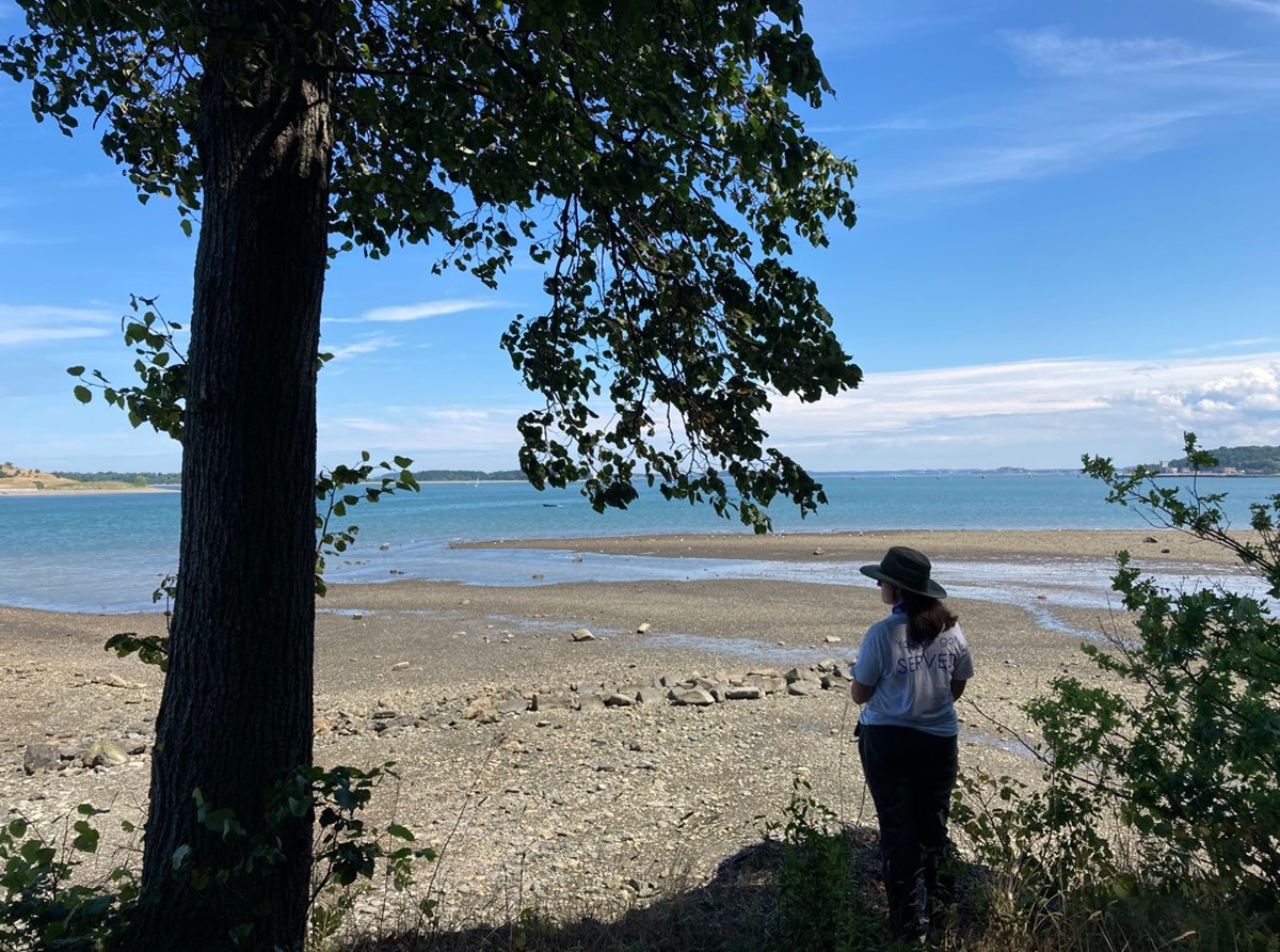 NPS person standing in the shade of a tree facing a flat shoreline