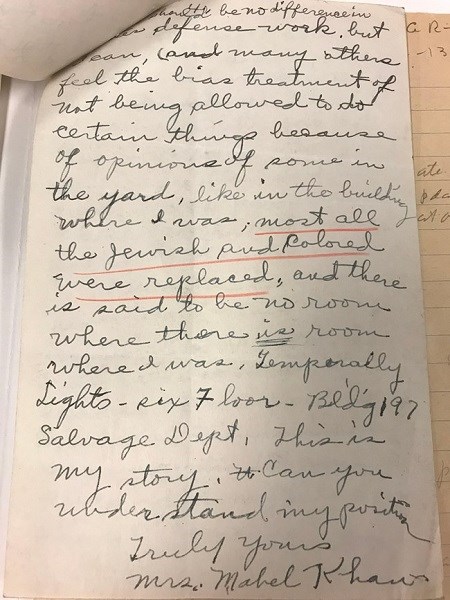 Part of a letter from Mabel Kahn, written in the 1940s complaining about ill treatment at the Charlestown Navy Yard.