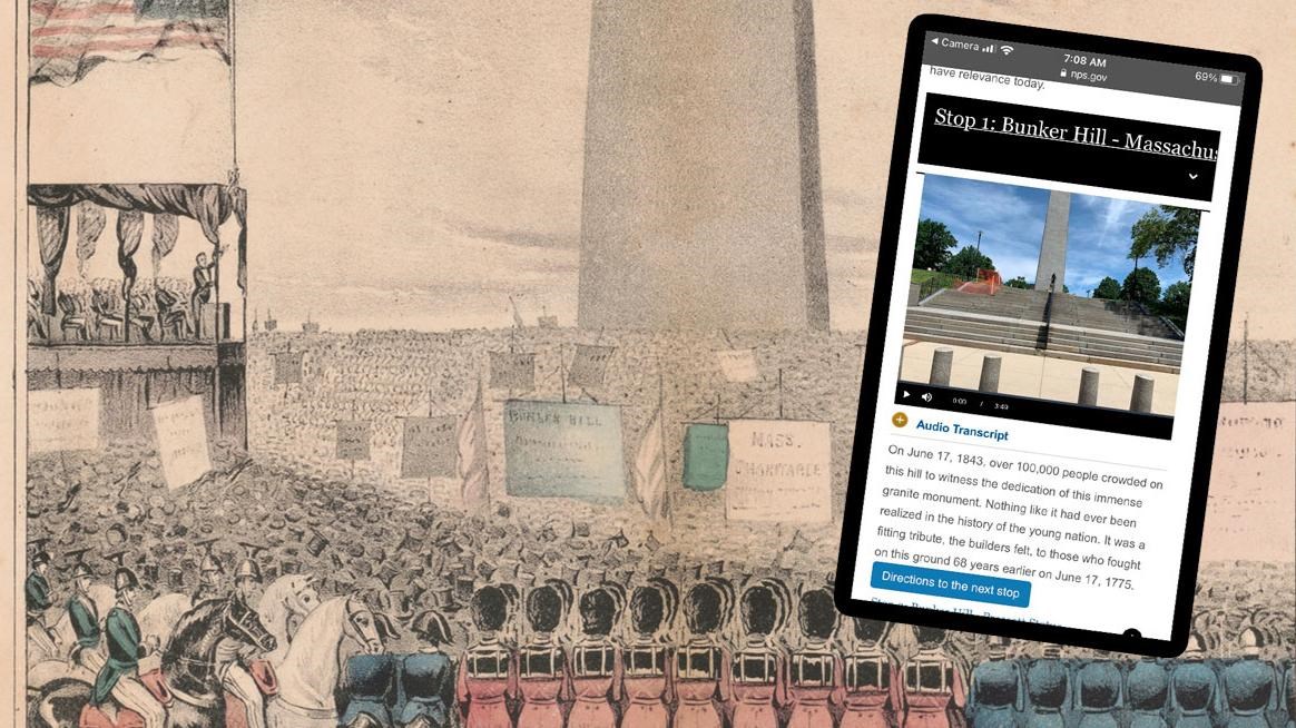 Historical drawing of the Bunker Hill Monument with a screen shot of a phone on the first stop of an audio tour at the Monument.