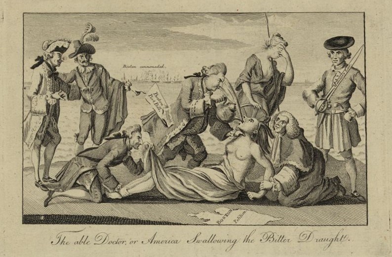An American Indian woman representing America is being forced to drink tea by a character that is supposed to be Lord North. Another Parliamentarian figure looks up her robes while others watch or hold her down.