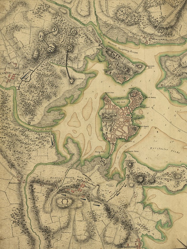 Map showing the peninsula of Boston and the surrounding areas, including Boston Harbor to the east, the Charles River to the west and the Mystic River to the north. Cambridge is to the west, Charlestown is to the north, and Roxbury is to the south