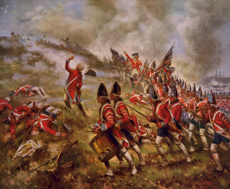 British soldiers in red coats attack up Breed's Hill in formation. Drummers and casualties are in foreground as an officer with sword leads infantry carrying muskets. Colonists are in background inside the redoubt. The sky is filled with smoke.