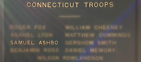 Samuel Ashbow on Connecticut Memorial Tablet The name "Sameuel Ashbo" highlighted among other names on a memorial bronze tablet.
