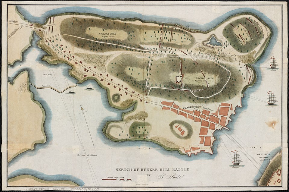 Charlestown Peninsula in 1775 showing the positions of the Provincial forces and locations of Royal Navy warships.