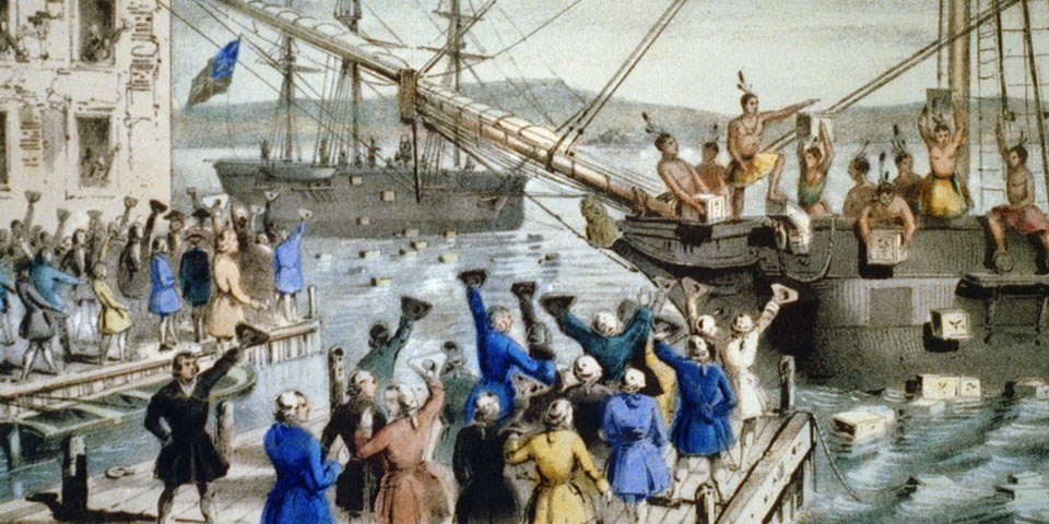 An archival lithograph depicting the Boston Tea Party