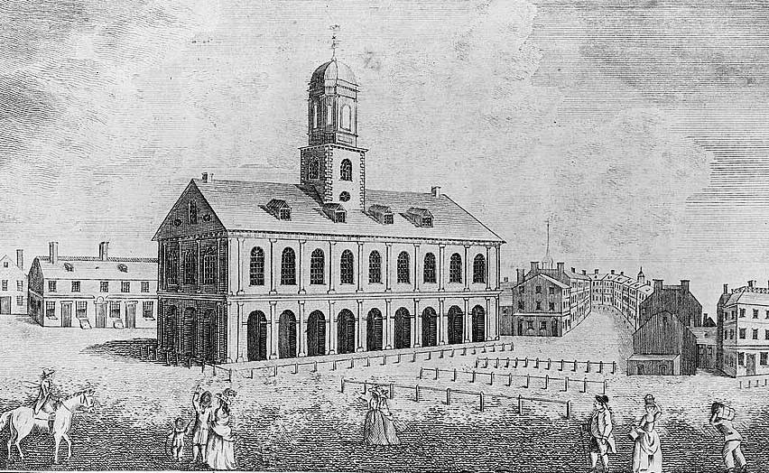 Print from an engraving of Colonial-era Faneuil Hall standing two stories high with a cupola in the center of the building.