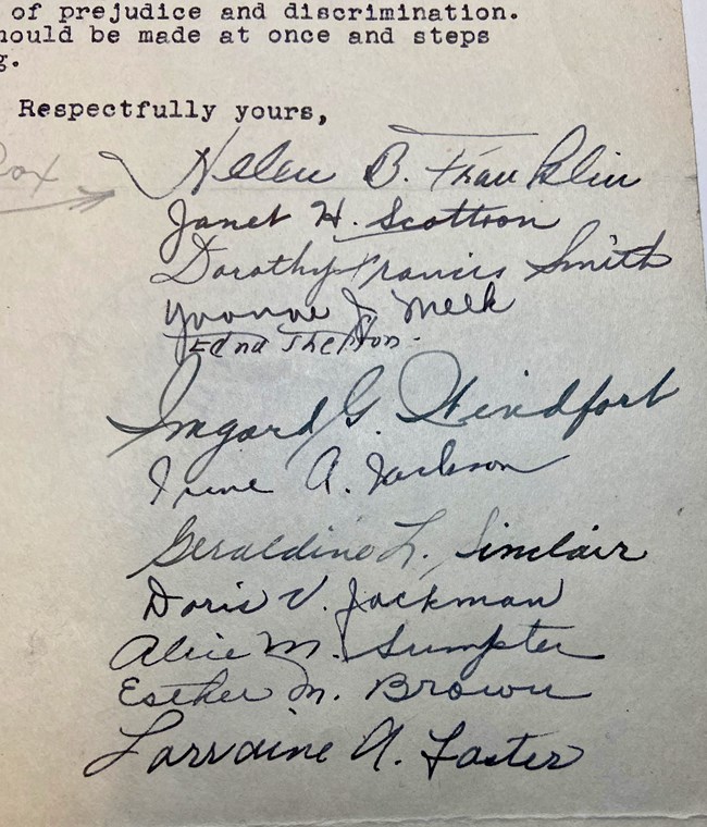 Signatures of Helen Franklin and 11 other women from their complaint to the FEPC about race discrimination at the Charlestown Navy Yard.