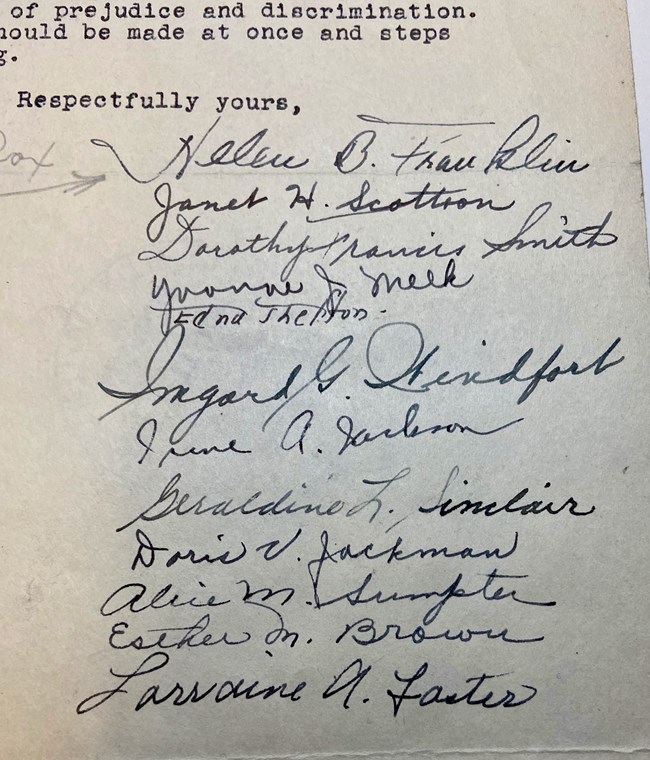 Helen Franklin Signatures Signatures of Helen Franklin and 11 other women from their complaint to the FEPC about race discrimination at the Charlestown Navy Yard.