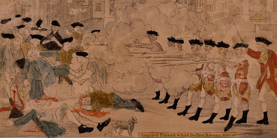 An archival print from the engraving by Paul Revere depicting the Boston Massacre