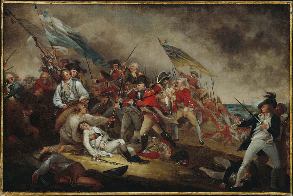 British soldiers and officers advance on colonial soldiers in retreat. At center is Joseph Warren laying on the ground dying. A British officer and a colonist both stop a bayonet from stabbing Warren.