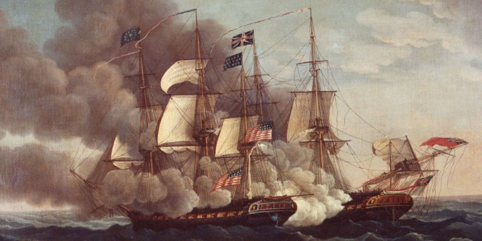 Painting depicting two three masted frigates engaged in a battle. Guerriere is losing a mast under the gunfire of Constitution. Both ships are flying their respective national and naval ensigns on the tops of the masts.