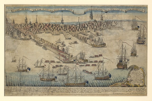 Engraving with watercoloring depicting the colonial town of Boston from the harbor. Ships are landing British soldiers on Long Wharf and marching into town.