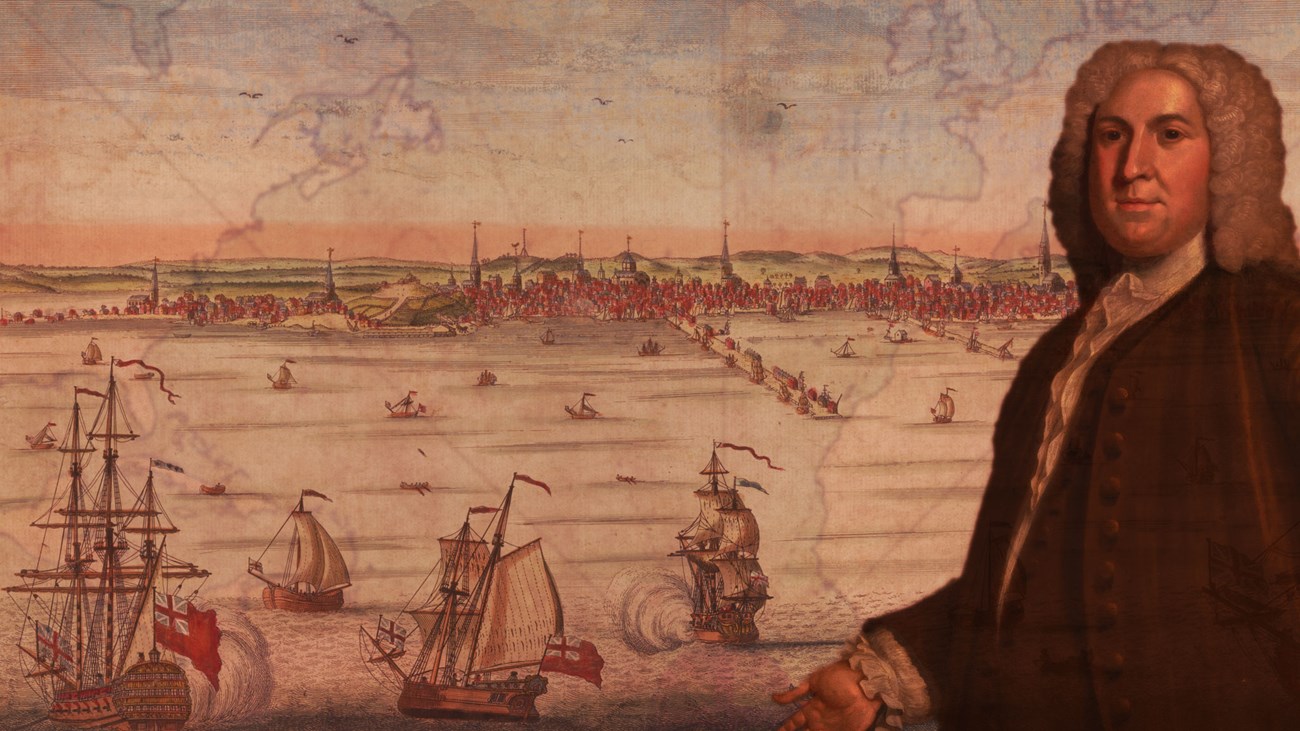 Cutout painting of Peter Faneuil on right overlaid over a depiction of a colonial harbor with sailing ships.