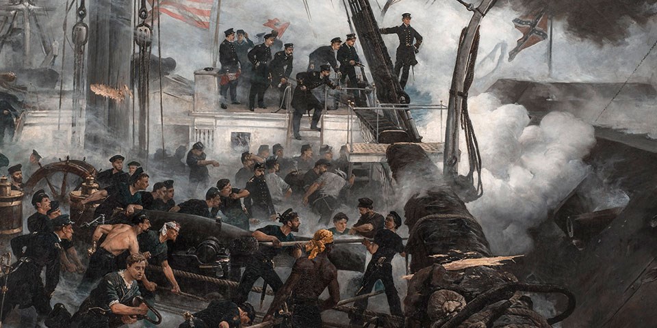 Painting of the deck of USS Hartford with crewmembers manning their cannon. A Confederate ironclad is immediately upon the ship's broadside to the right. Admiral Farragut stands on a rope shroud overlooking the carnage.