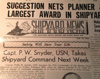 Photograph of a newspaper entitled "The Boston Naval Shipyard News"