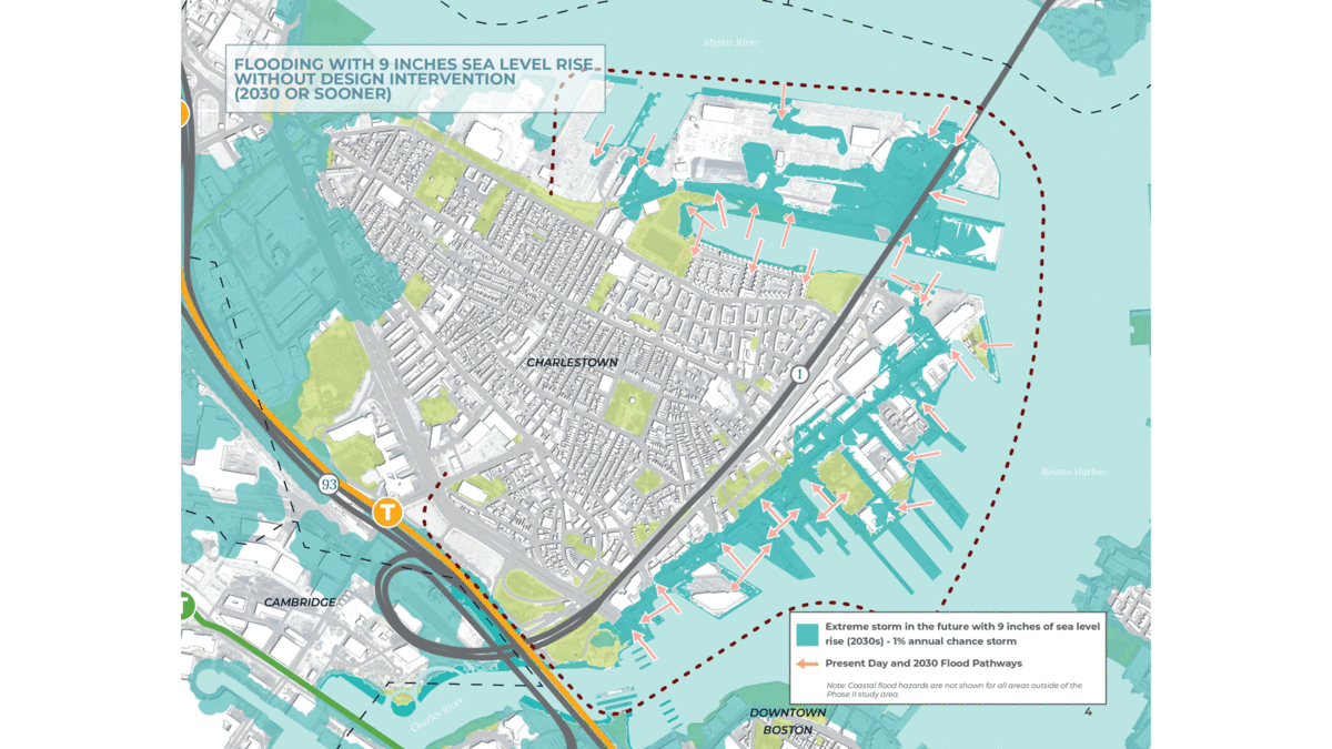 simple animation showing the flooding of Charlestown with different sea level rise