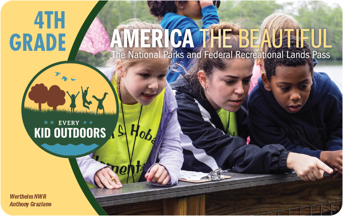 Every Kid Outdoor card cover with three kids looking over a low fence that they lean on and pointing at something.
