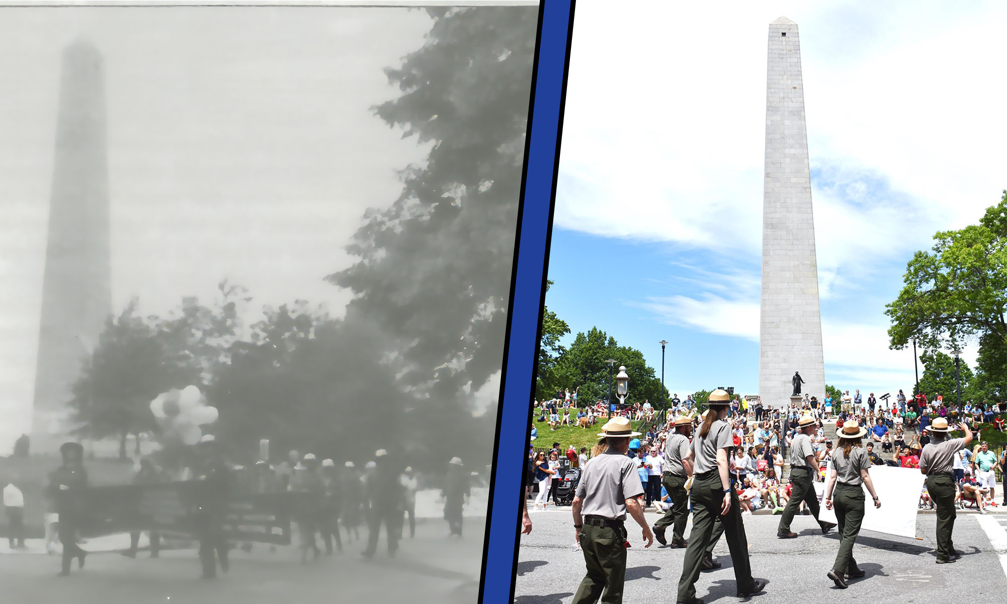 BNHP-50thAnniversaryGraphicIdea Black and white photo of Rangers marching in front of Bunker Hill Monument to the left with a photo of today with Rangers marching, separated by a blue line.