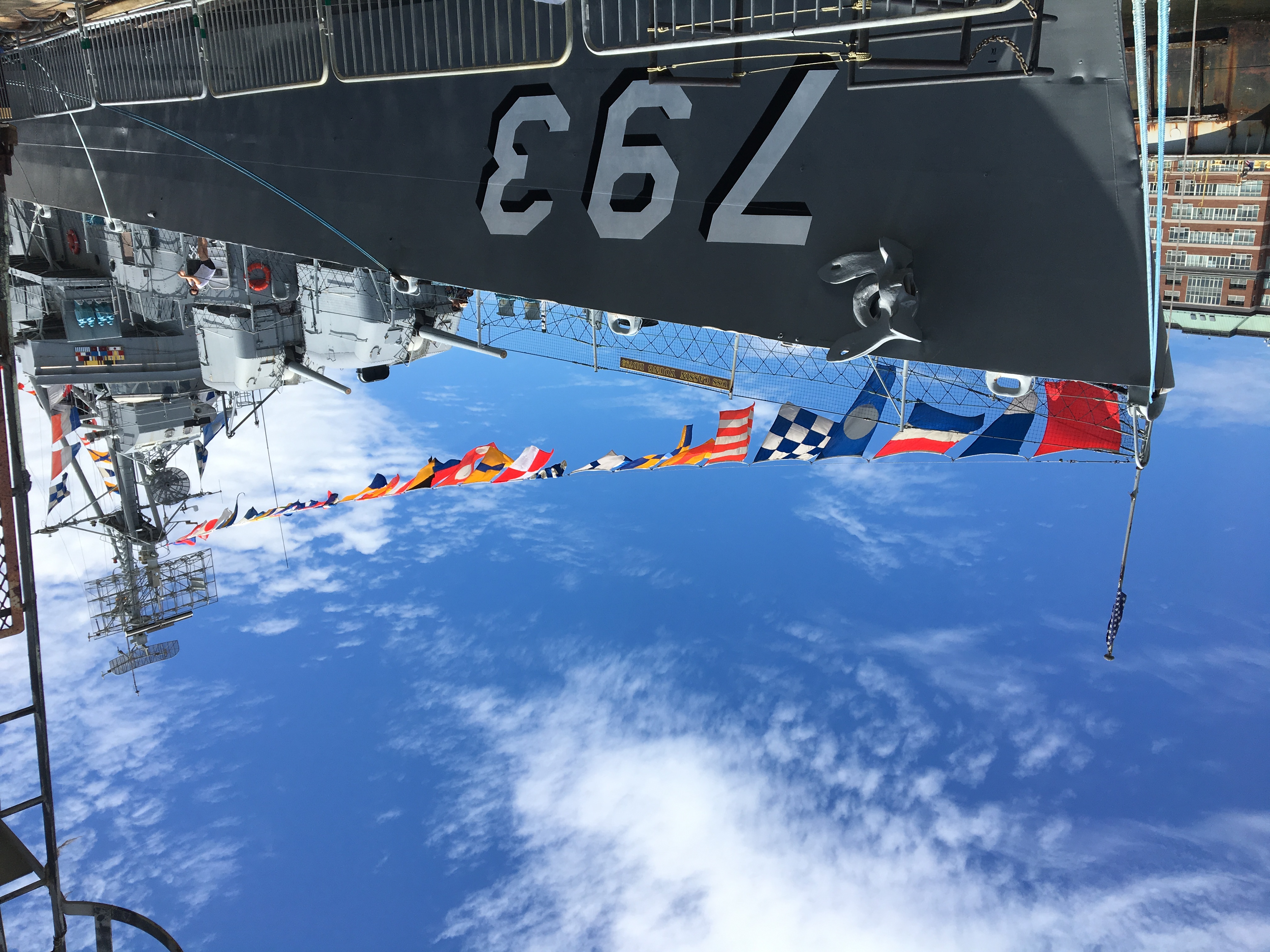 USS Cassin Young decorated in signal flags.