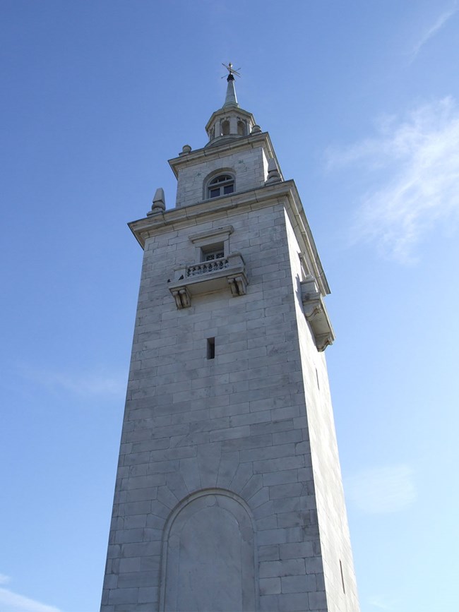 Dorchester Heights Monument is alimestone tower that has a mock belfry and steeple on top. It stands atop an elliptical memorial park on Telegraph Hill.