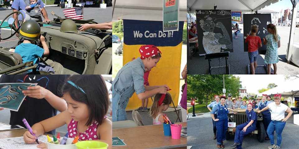 A Collage of five photographs. Left top: Boy sits in jeep. Left bottom: Girl colors at table. Center: Woman ties red bandanna on child. Top right: children at easels. Bottom right: Costumed workers at jeep.