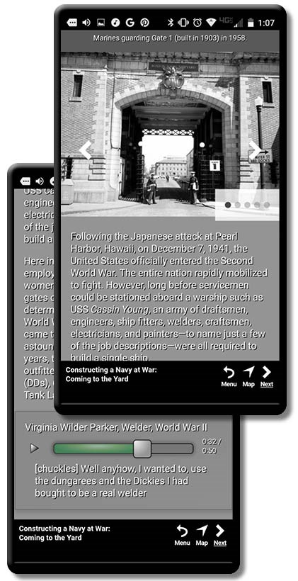 Screen shots of the Cassin Young app showing an image slideshow and playing an oral history clip