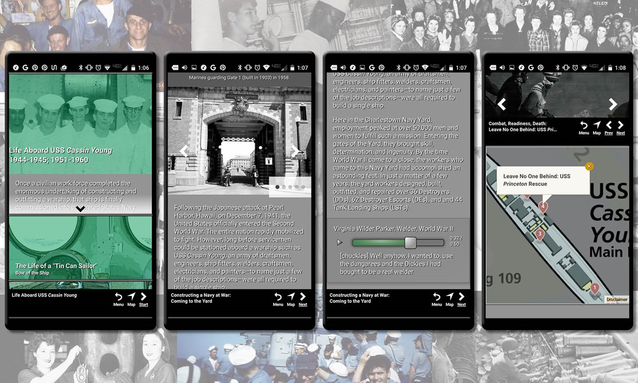 Collection of archival images from the app with four screen shots of the app in use.