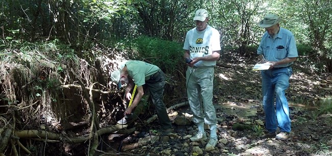 Three adults stand next to a streambed and conduct water monitoring.