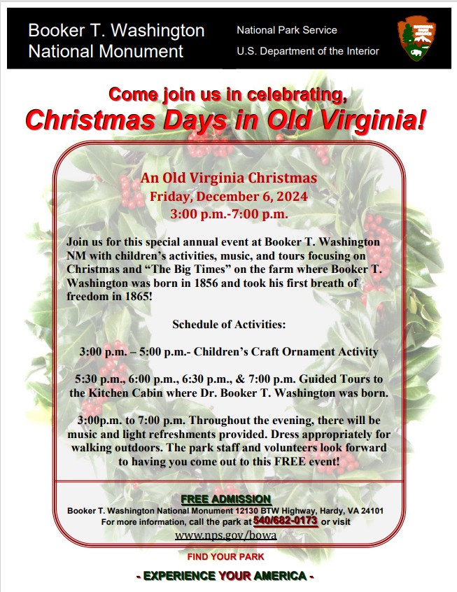 Flyer for An Old Virginia Christmas at Booker T. Washington NM
