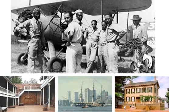 Tuskegee Airmen (top), fort at Pipe Spring National Monument (left), USS Constitution (center), Lincoln Home (right).