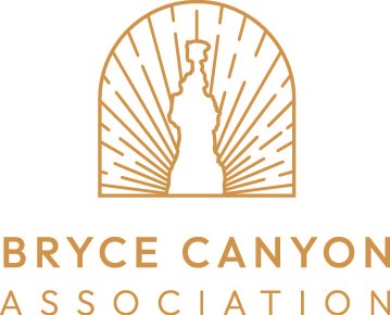 A design that looks like the sun behind the Thor's Hammer rock formation with text that reads "Bryce Canyon Association"
