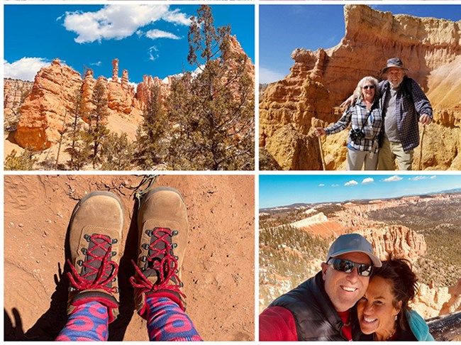 A collage of photos including photos of a couple and red rock landscape photos