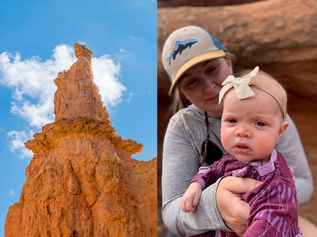 Two photos. On left is a large orange limestone rock spire. On the right is a woman with a baby girl.