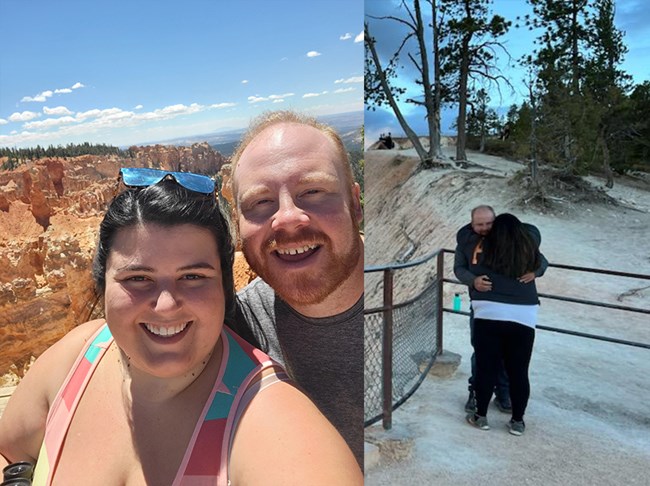 A pair of photos showing a man and woman posing together at a viewpoint alongside a photo of them hugging.