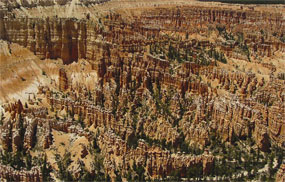 Scenic view of the main amphitheater from Bryce Point with numerous hoodoos visible Scenic view of the main amphitheater from Bryce Point with numerous hoodoos visible