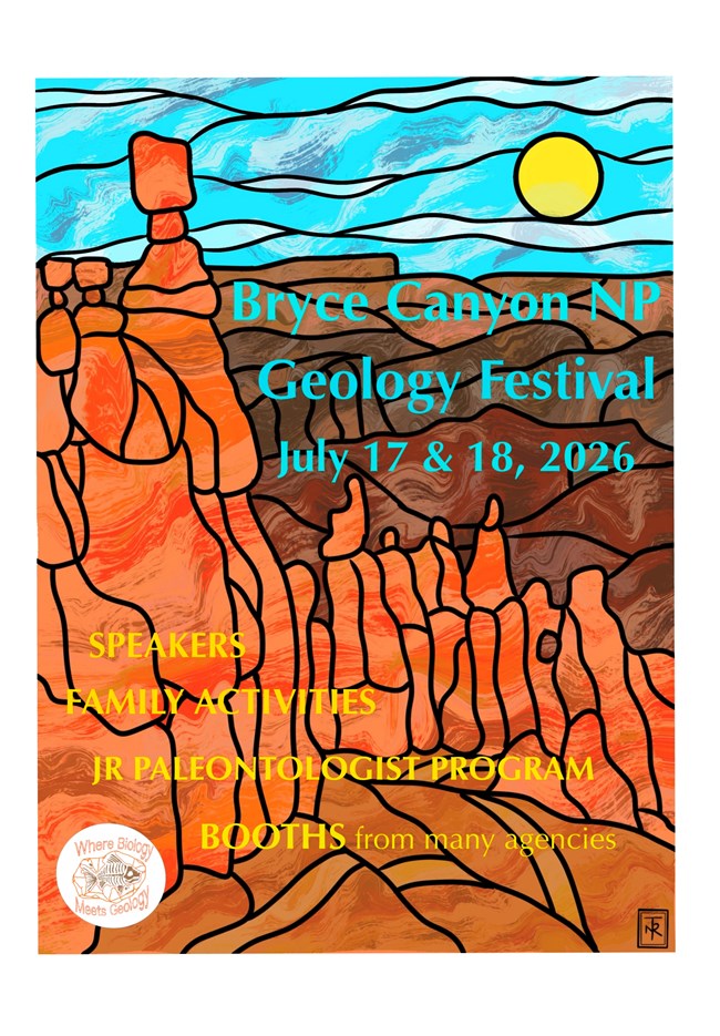 Geology festival poster with a backdrop of rock formations presented in a stained glass design.