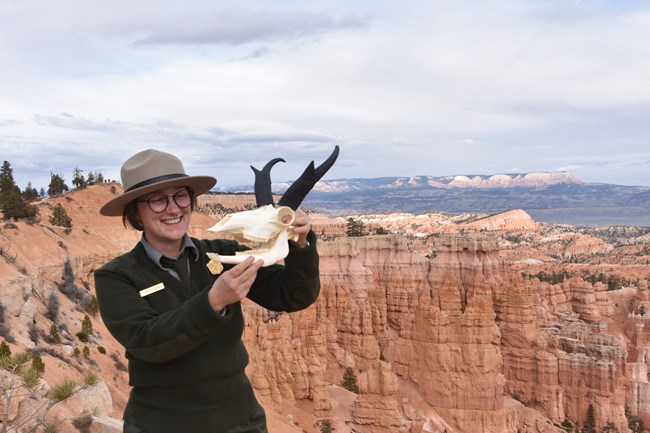 Ranger Chelsea displays the skull of a pronghorn antelope