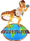 Geodetective patch showing a representation of an allosauros standing on a picture of the earth Geodetective patch showing a representation of an allosauros standing on a picture of the earth