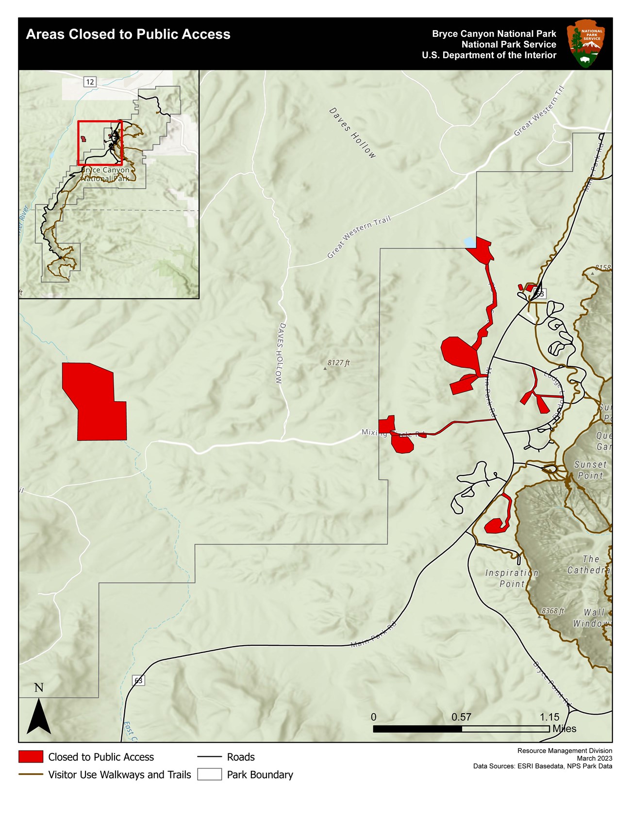 A map showing the northern end of the park, with an inset map in the upper left corner of the entire park with a red square around the northern section. Areas closed to public access are shown in red, visitor use walkways/trails brown and road black.