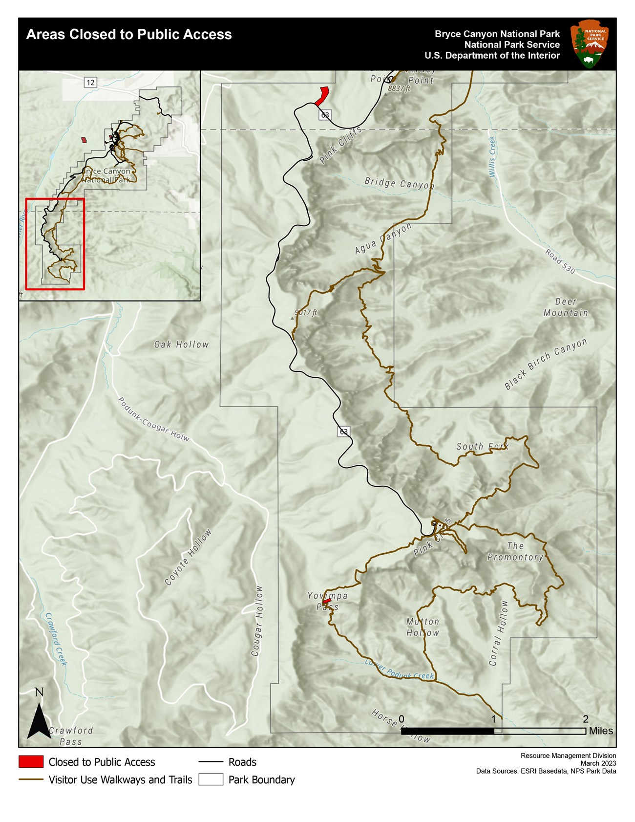 A map showing the southern end of the park, with an inset map in the upper left corner of the entire park with a red square around the southern section. Areas closed to public access are shown in red, visitor use walkways/trails brown and roads black.