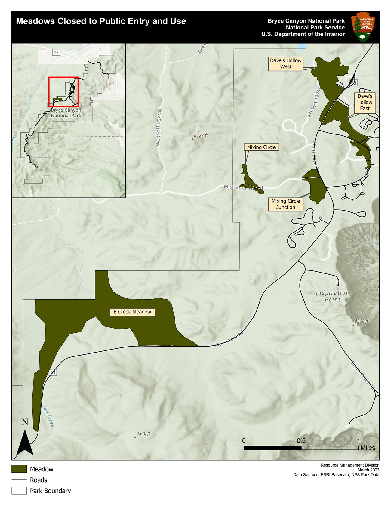 A map showing the northern end of the park, with an inset map in the upper left corner of the entire park with a red square around the northern section. Meadows closed to public access are shown in green, roads black and park boundaries gray.