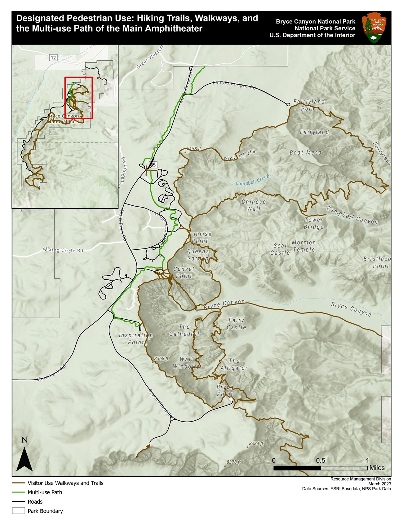 Map of the park showing designated pedestrian use areas. Black for roads, brown for trails/paths and green for multi-use path.