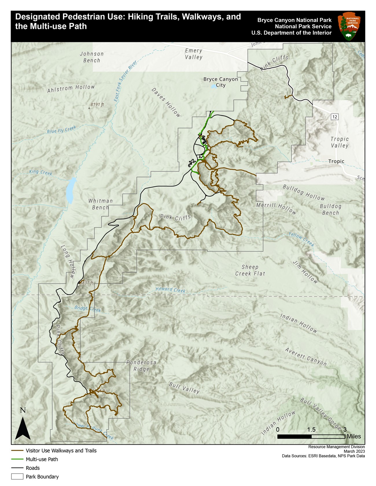 Map of the entire park showing designated pedestrian use areas. Black for roads, brown for trails/paths and green for multi-use path.