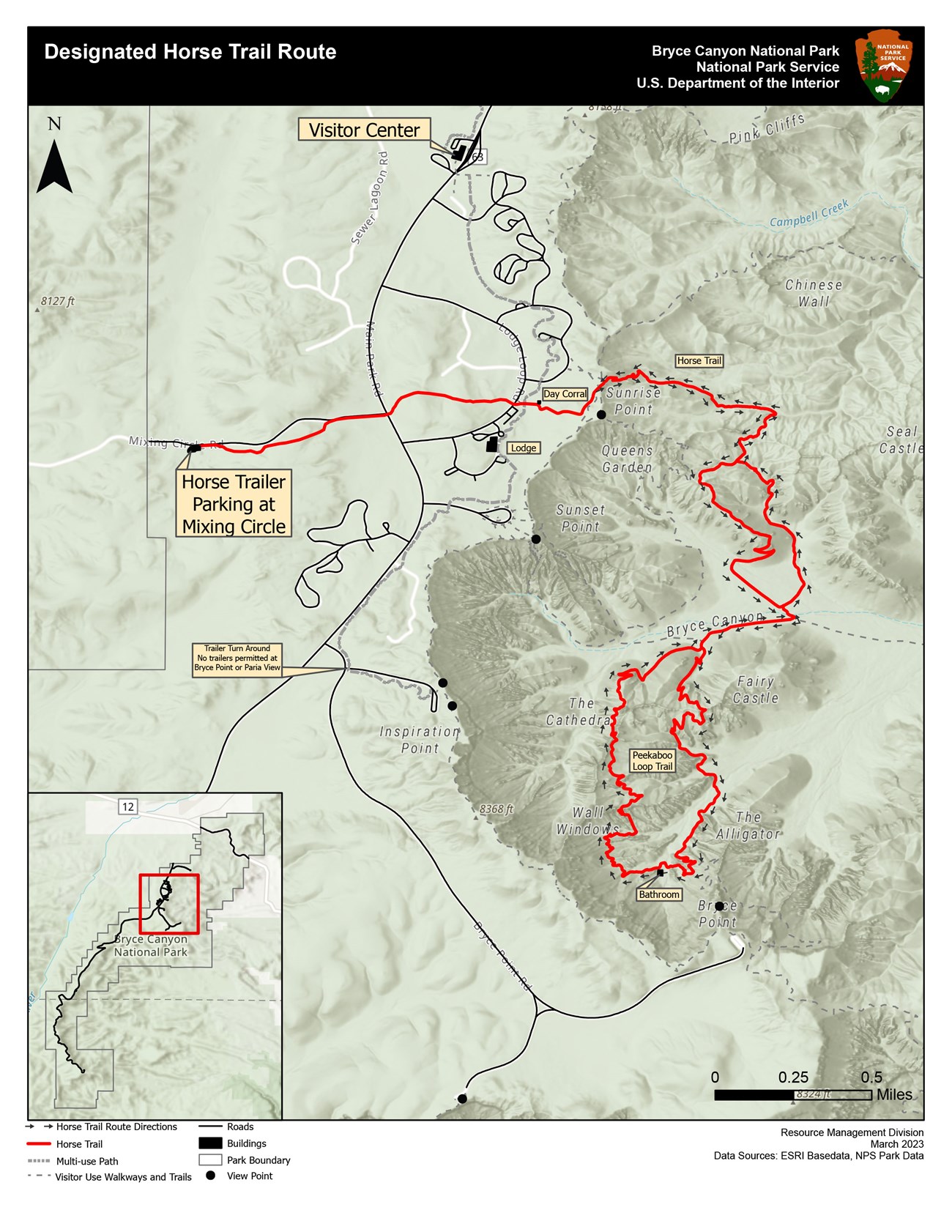 A map with a red line marking the designated horse trail route. Small black arrows show route directions moving in a figure-8 direction.